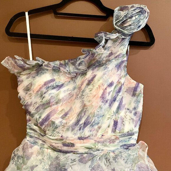 ANEWSTA Women Floral Print One Shoulder Ruffle Trim Petal Hem Evening Gown NWT - Picture 5 of 14